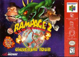 Rampage 2: Universal Tour for N64 delivers classic city-smashing fun. Guide your monster on a global rampage through destructible environments.