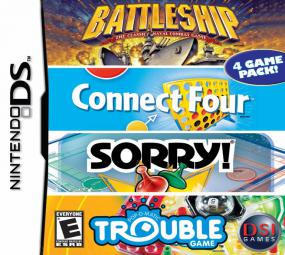 Discover the classic 4-game pack for Nintendo DS: Battleship, Connect Four, Sorry!, and Trouble.
